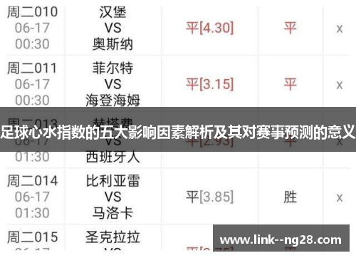 足球心水指数的五大影响因素解析及其对赛事预测的意义