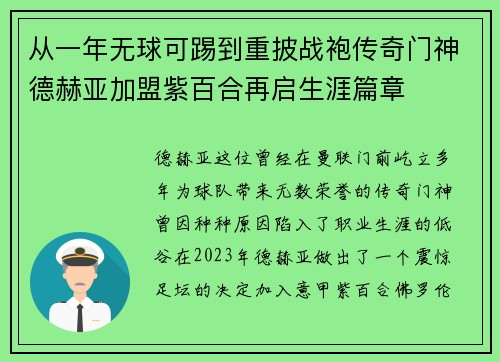 从一年无球可踢到重披战袍传奇门神德赫亚加盟紫百合再启生涯篇章