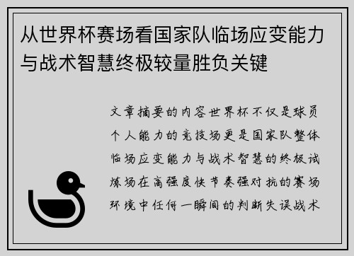 从世界杯赛场看国家队临场应变能力与战术智慧终极较量胜负关键 从世界杯赛场看国家队临场应变能力与战术智慧终极较量胜负关键