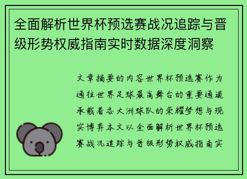 全面解析世界杯预选赛战况追踪与晋级形势权威指南实时数据深度洞察